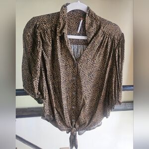 FREE PEOPLE Leopard Print Button-Up Tie Front Blouse